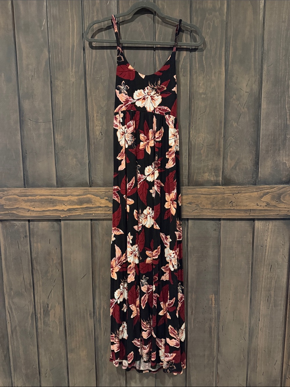 VENUS Black Maxi Dress with Burgundy and Cream Floral Print